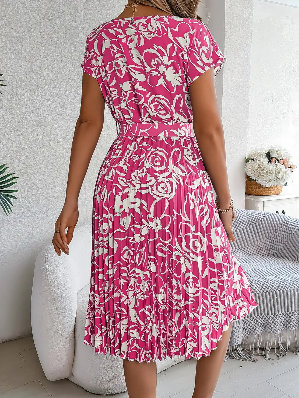 Tied Pleated Printed Short Sleeve Dress - Korvel