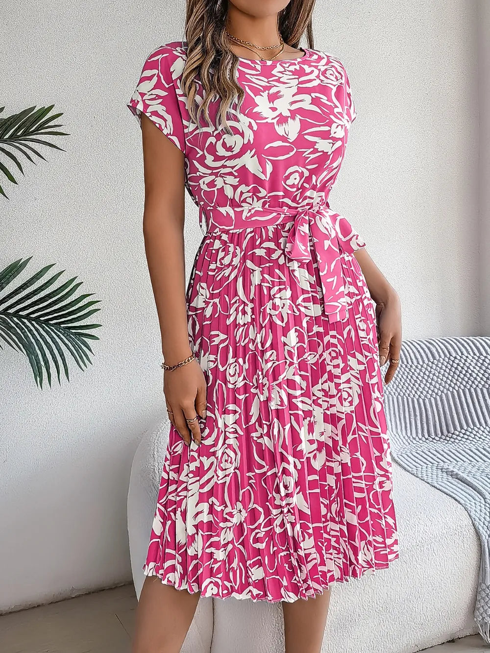 Tied Pleated Printed Short Sleeve Dress - Korvel
