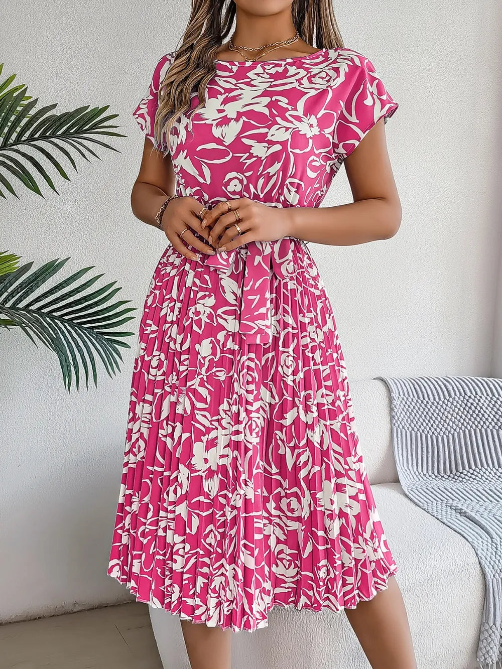 Tied Pleated Printed Short Sleeve Dress - Korvel