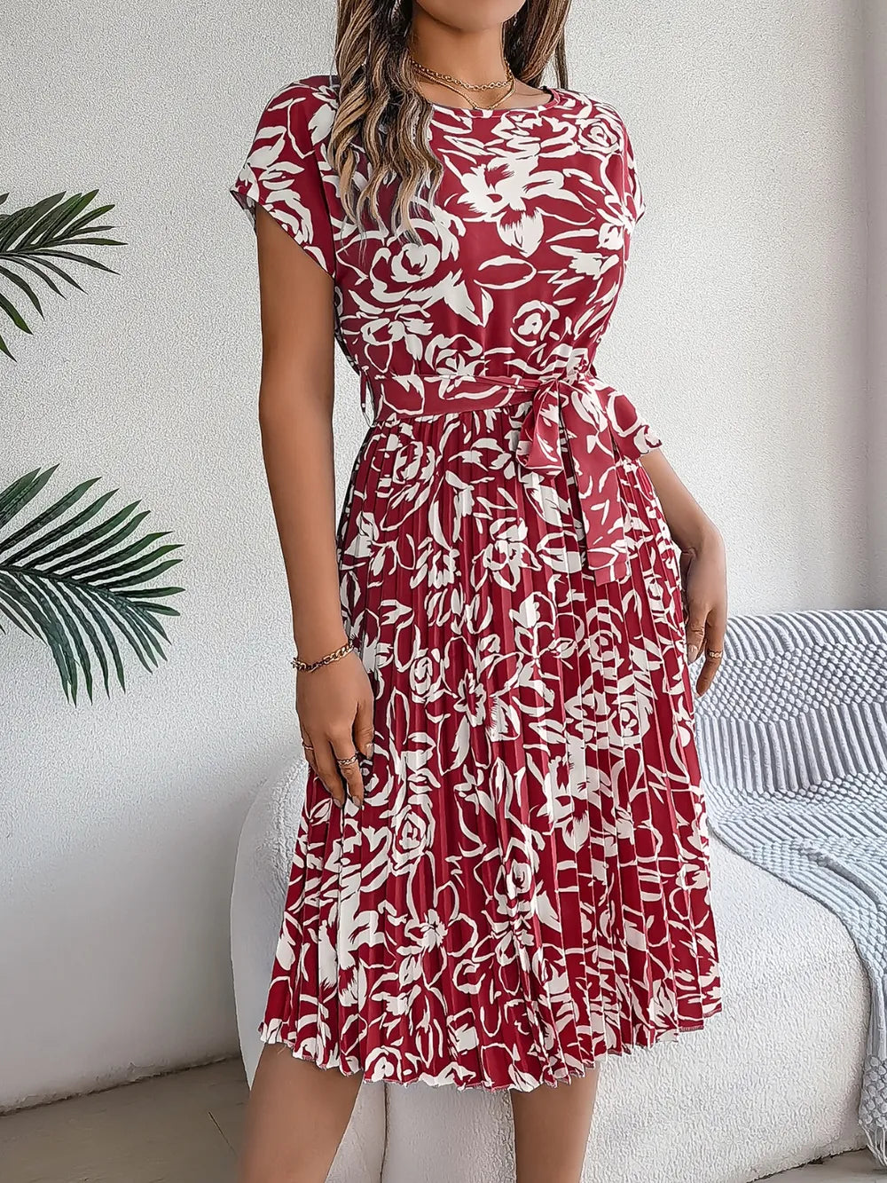 Tied Pleated Printed Short Sleeve Dress - Korvel