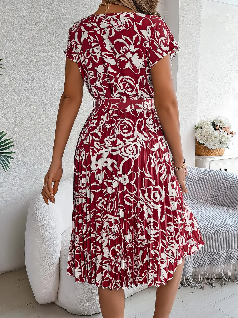Tied Pleated Printed Short Sleeve Dress - Korvel