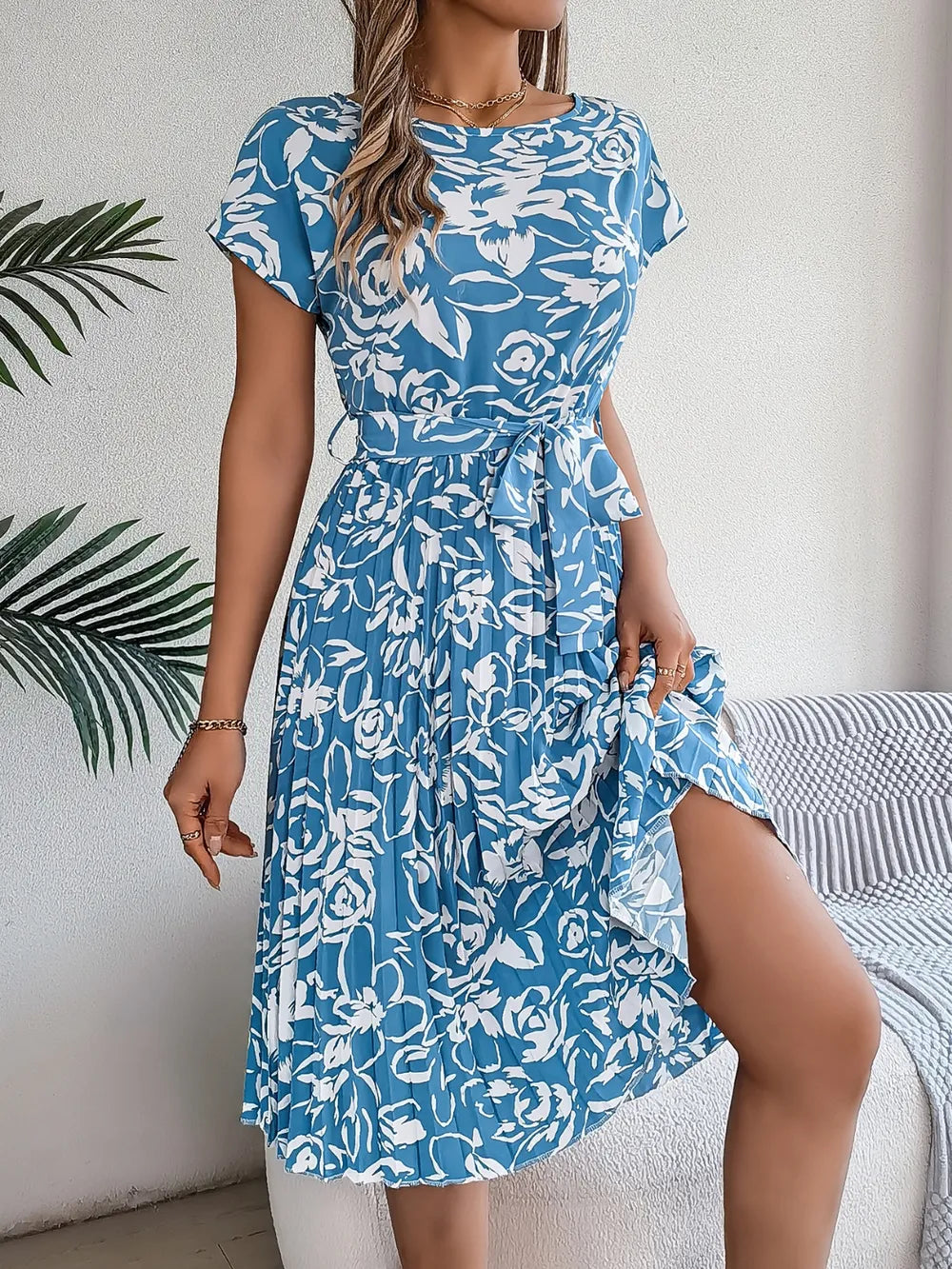 Tied Pleated Printed Short Sleeve Dress - Korvel