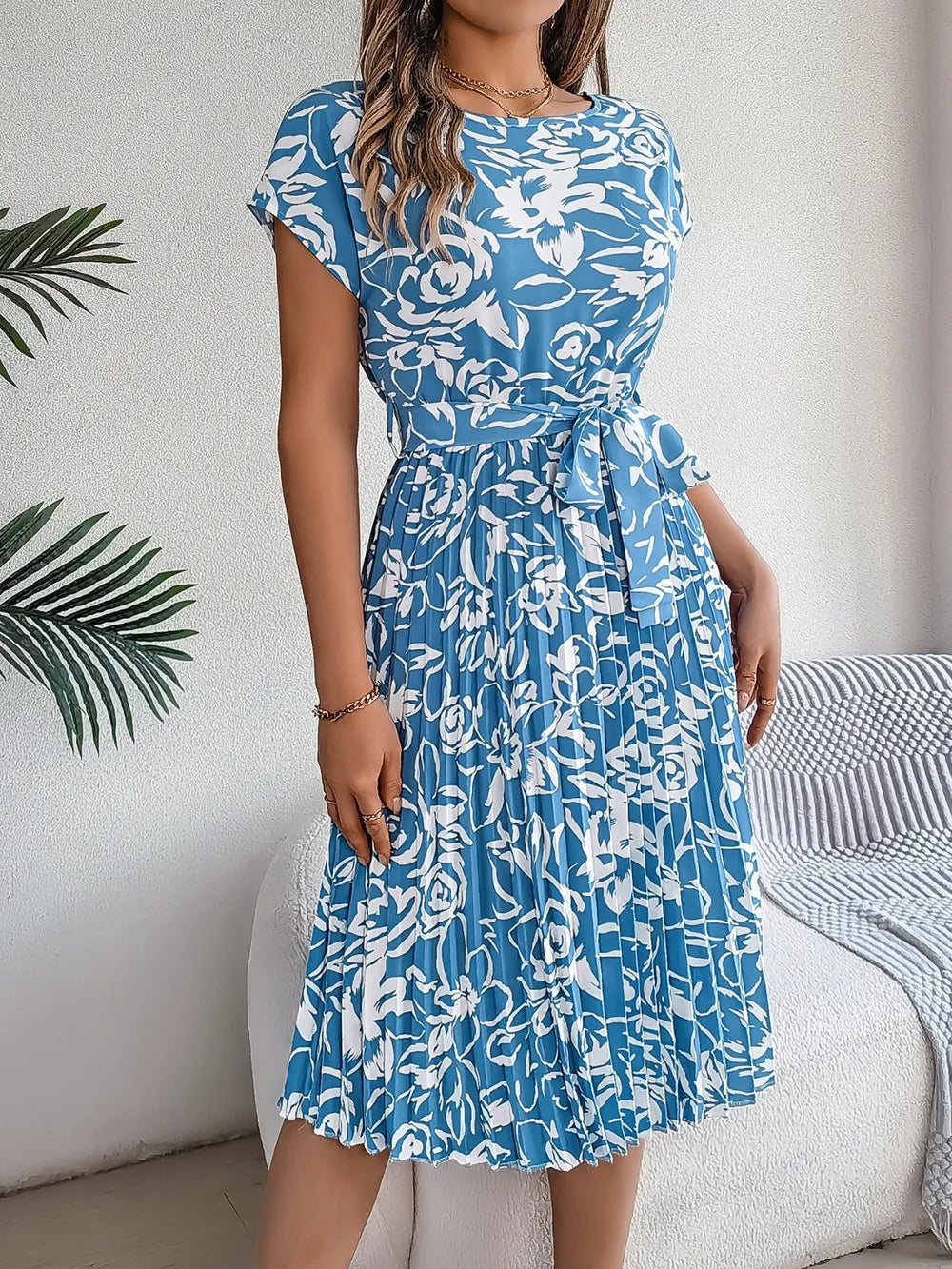 Tied Pleated Printed Short Sleeve Dress - Korvel