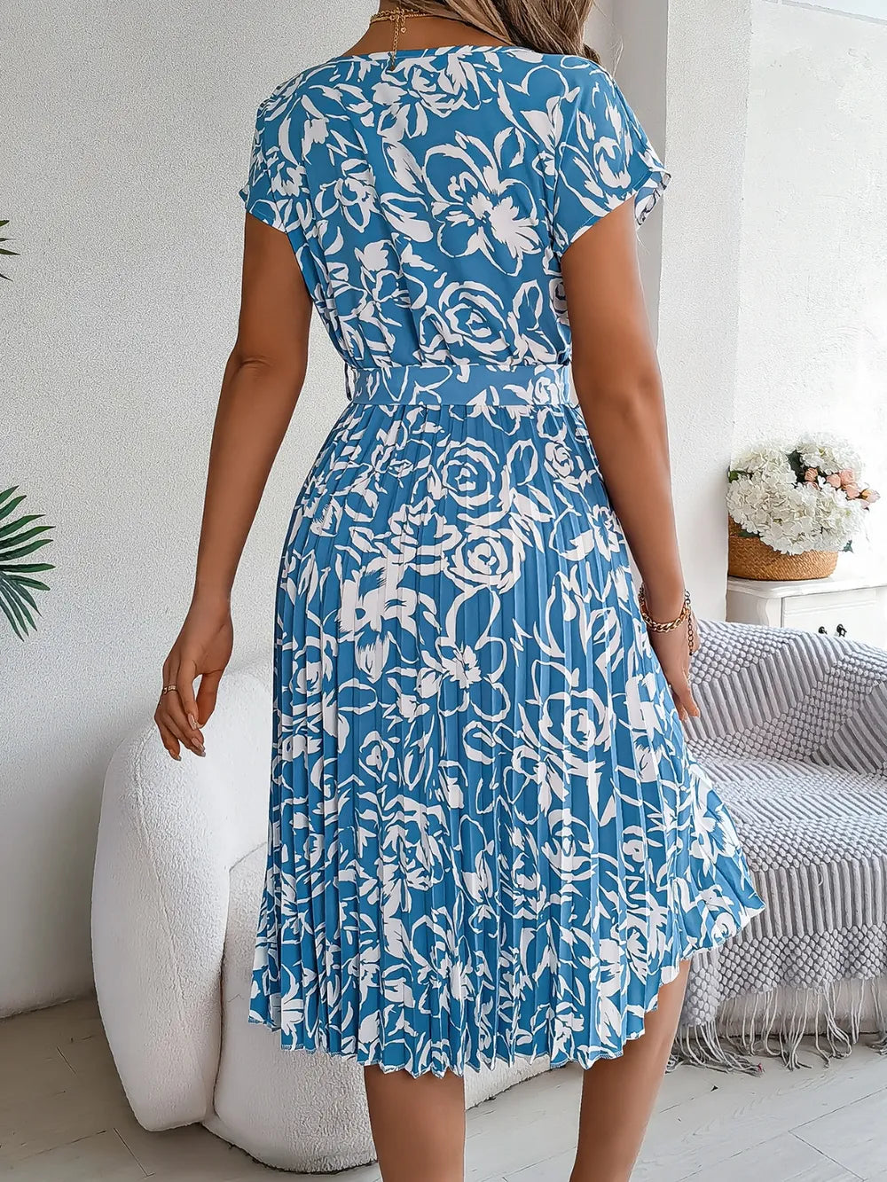 Tied Pleated Printed Short Sleeve Dress - Korvel
