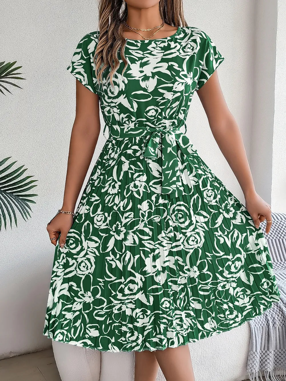 Tied Pleated Printed Short Sleeve Dress - Korvel
