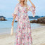 Robe midi imprimée à manches trois-quarts avec lien