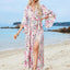Robe midi imprimée à manches trois-quarts avec lien