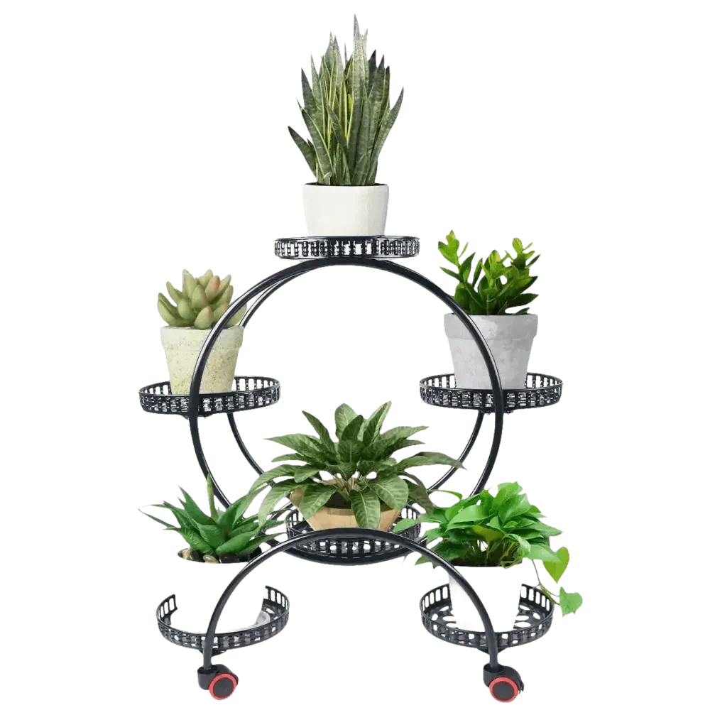 Black Metal Six-Tier Plant Stand with Circular Design