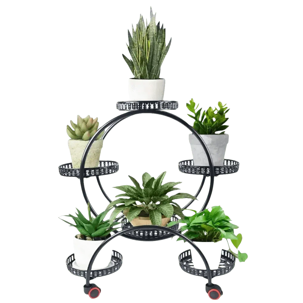 Black Metal Six-Tier Plant Stand with Circular Design
