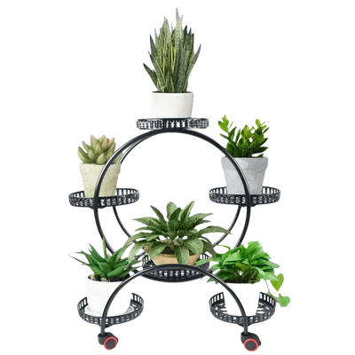 Black Metal Six-Tier Plant Stand with Circular Design