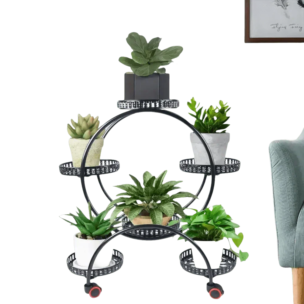 Black Metal Six-Tier Plant Stand with Circular Design