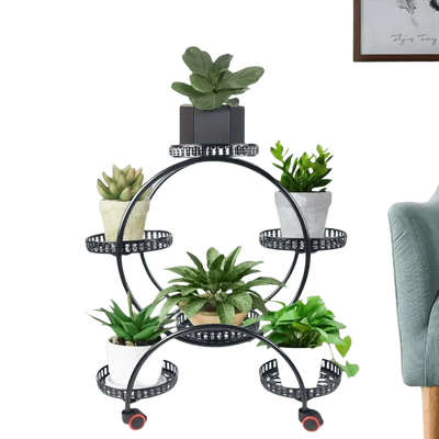 Black Metal Six-Tier Plant Stand with Circular Design