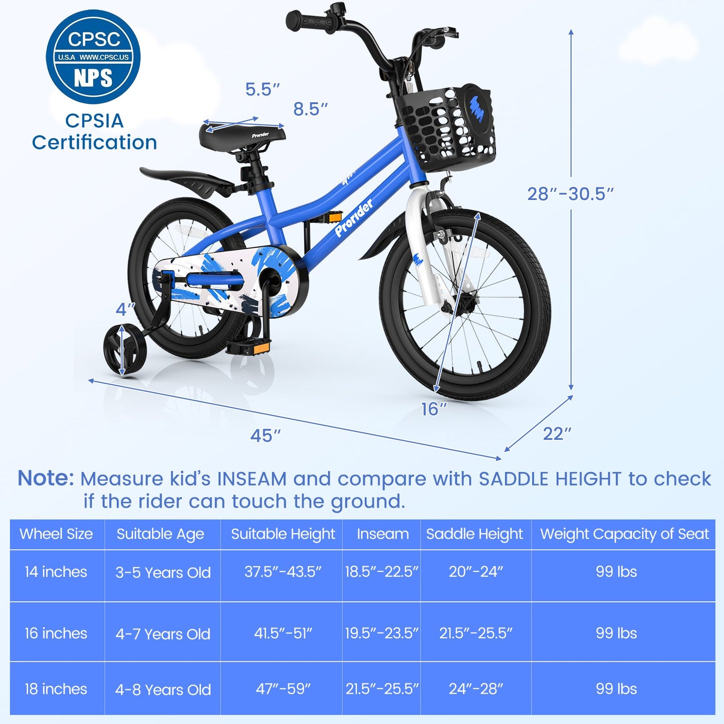 Bicicleta para Niños de 16 Pulgadas con Ruedas de Entrenamiento Removibles - Azul