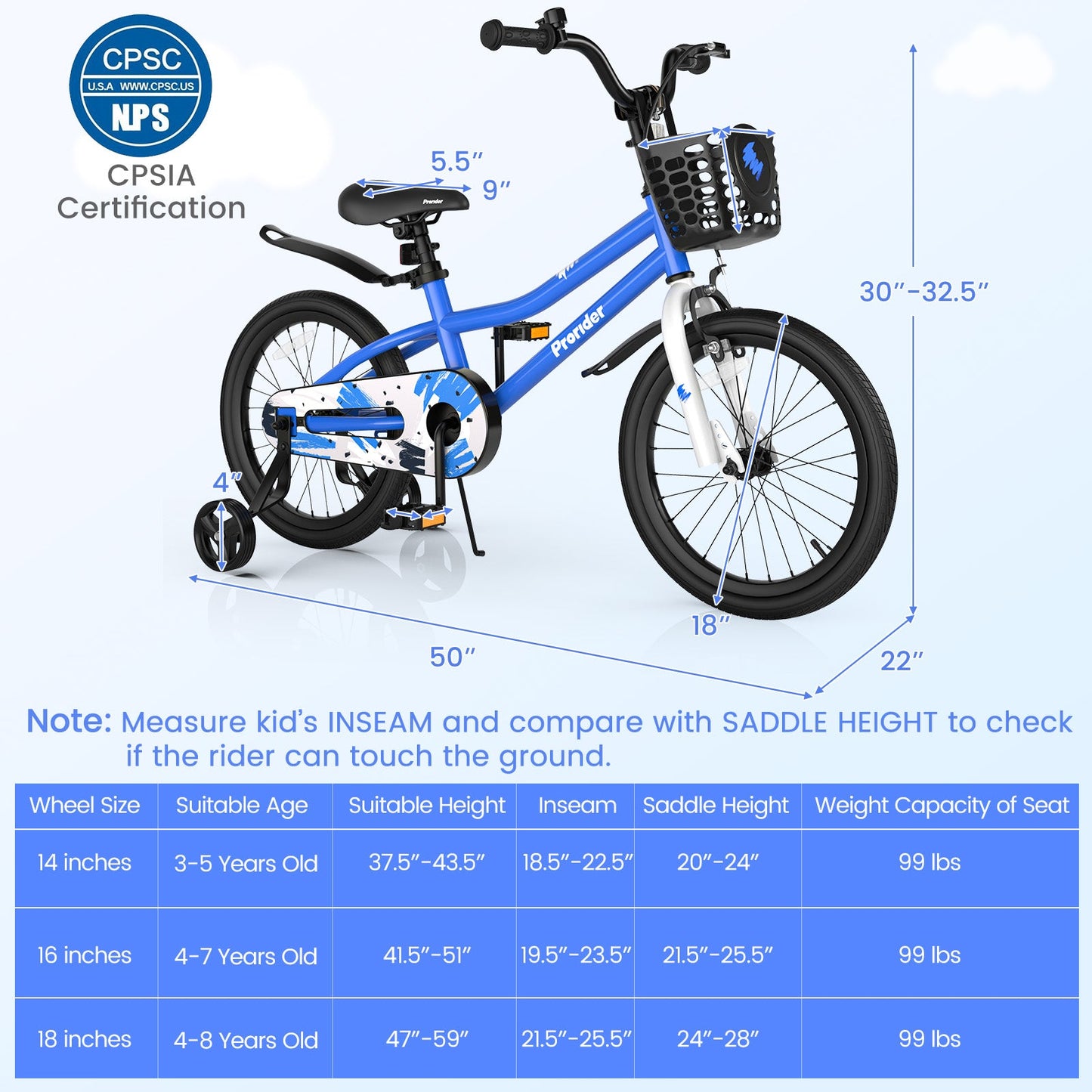18 Feet Kids Bike with Removable Training Wheels - Blue