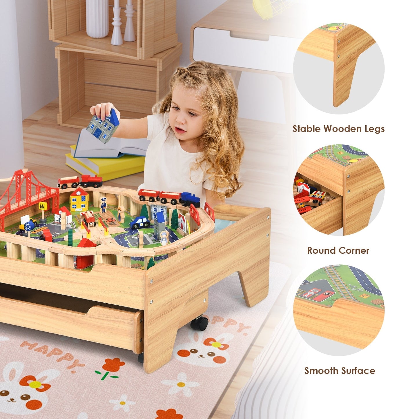 Children's Wooden Railway Set Table with 100 Pieces and Storage
