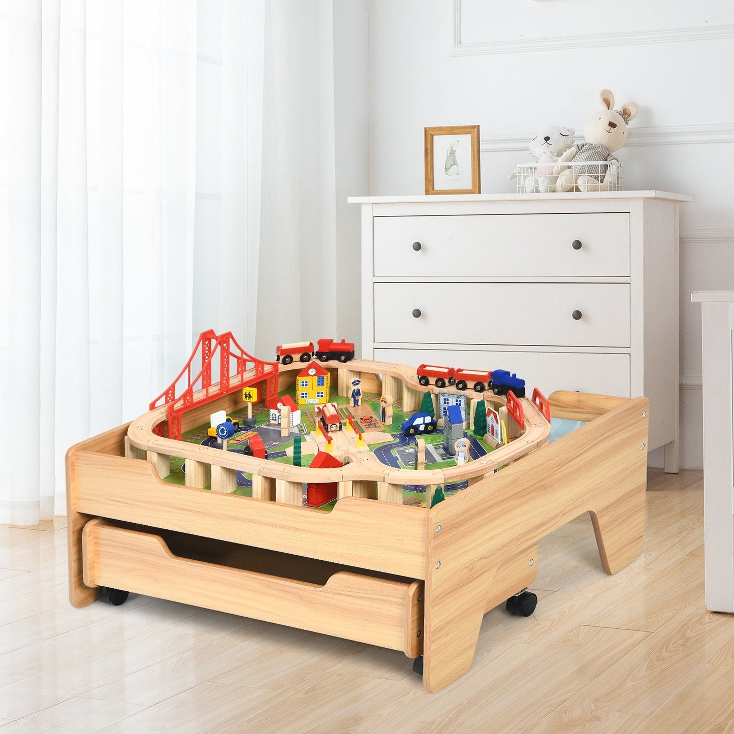 Children's Wooden Railway Set Table with 100 Pieces and Storage
