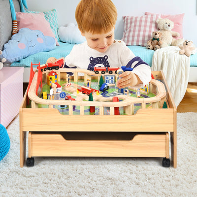 Children's Wooden Railway Set Table with 100 Pieces and Storage