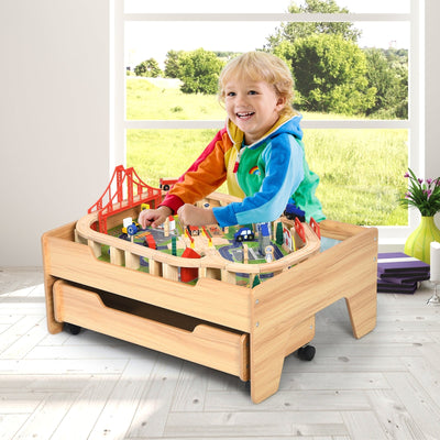 Children's Wooden Railway Set Table with 100 Pieces and Storage