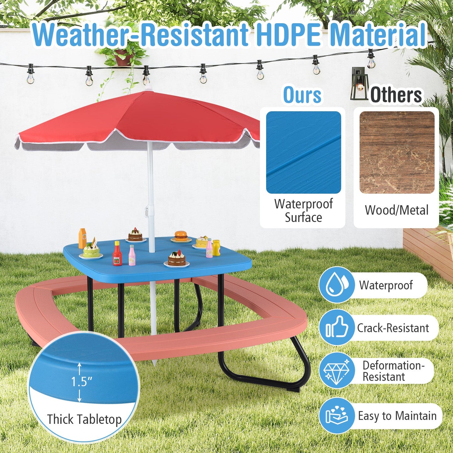 Table d'activité extérieure pour tout-petits avec parasol réglable - Bleu
