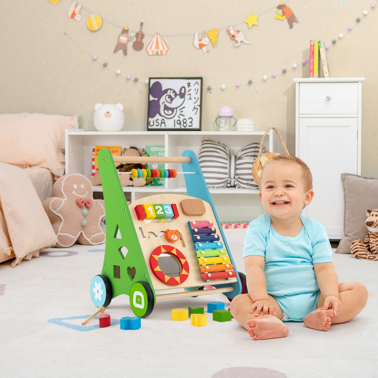 Centro de Actividades para Niños Pequeños con Carrito de Empuje y Mango Sin Bisel