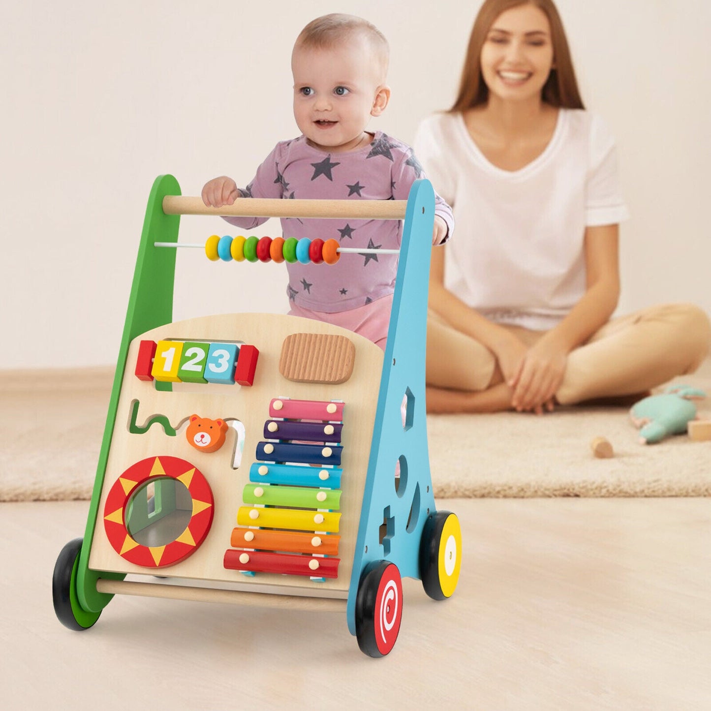 Centro de Actividades para Niños Pequeños con Carrito de Empuje y Mango Sin Bisel