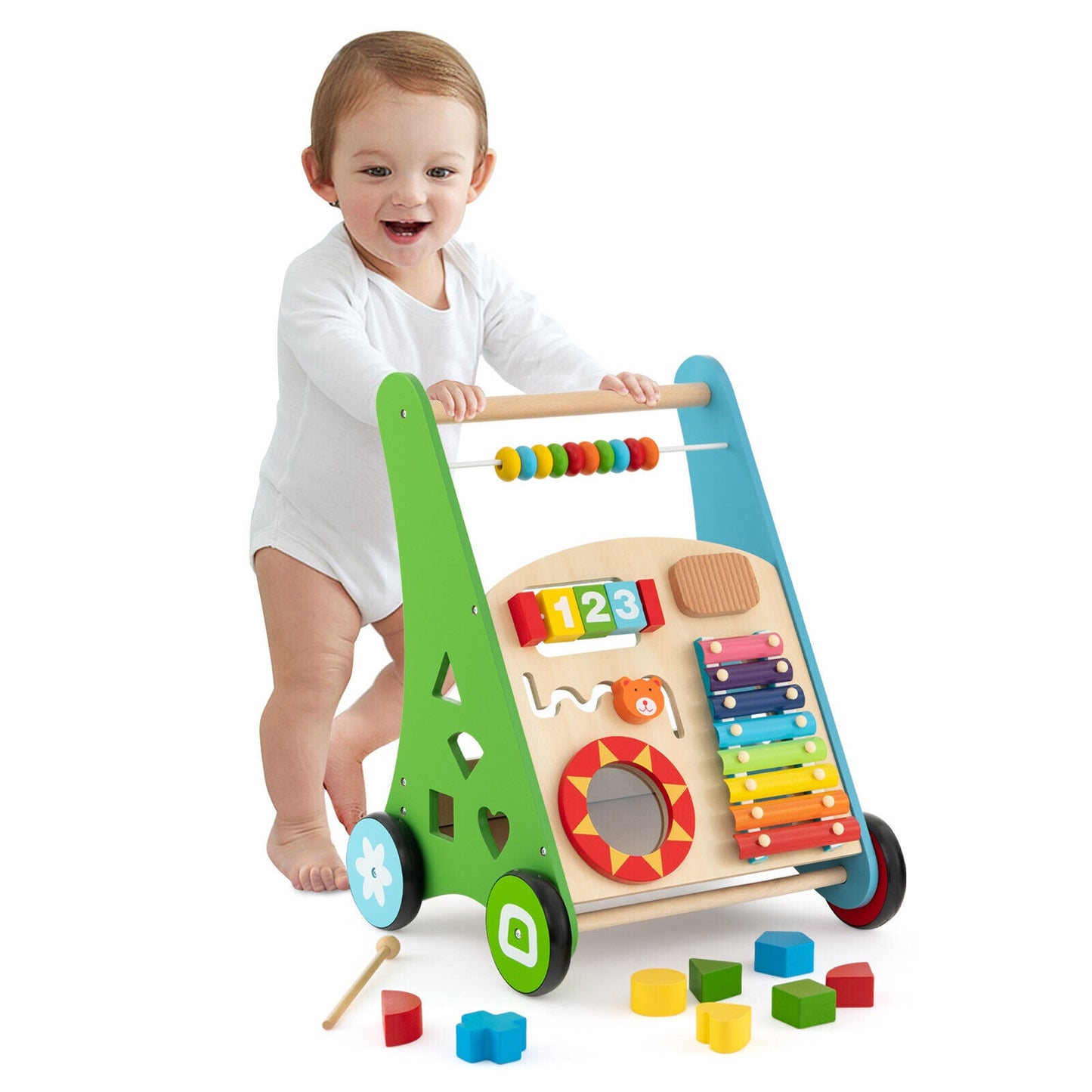 Centro de Actividades para Niños Pequeños con Carrito de Empuje y Mango Sin Bisel