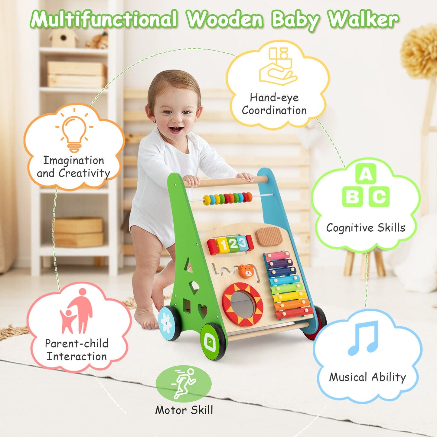 Centro de Actividades para Niños Pequeños con Carrito de Empuje y Mango Sin Bisel