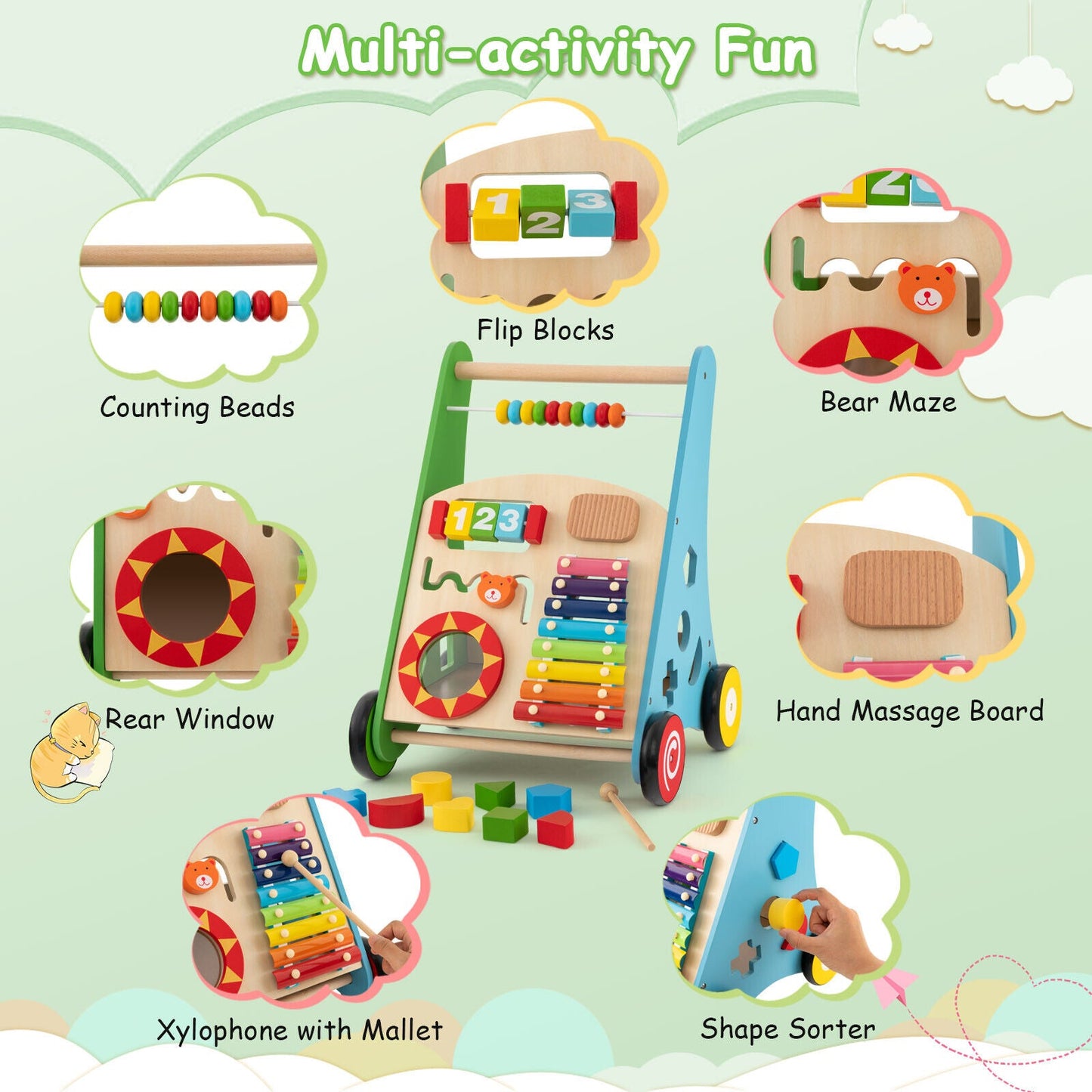 Centro de Actividades para Niños Pequeños con Carrito de Empuje y Mango Sin Bisel