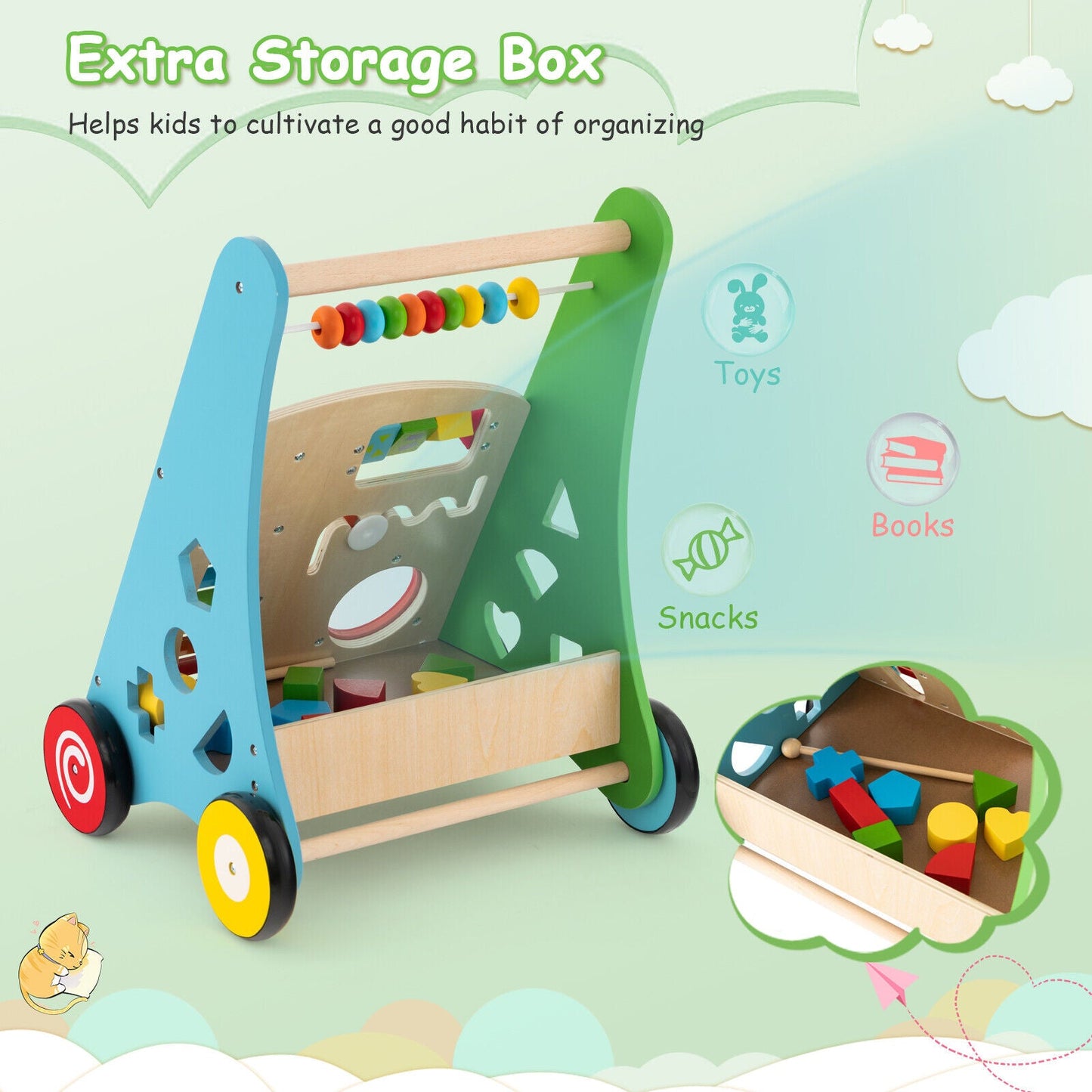 Centro de Actividades para Niños Pequeños con Carrito de Empuje y Mango Sin Bisel