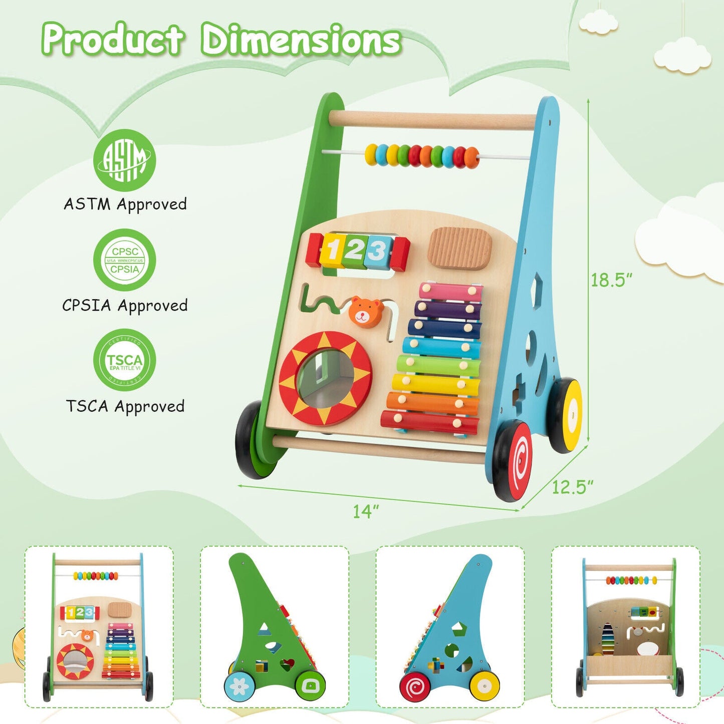 Centro de Actividades para Niños Pequeños con Carrito de Empuje y Mango Sin Bisel