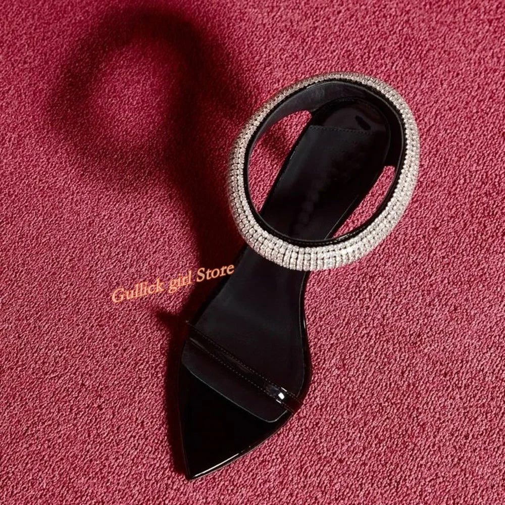 Top Quality Crystal Strap Stiletto Sandals Sexy Pointed Toe Black Patend Leather Slip On Fashion   Summer New Arrivals Shoes - Korvel