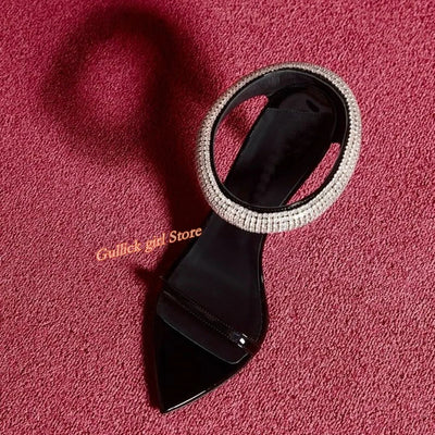 Top Quality Crystal Strap Stiletto Sandals Sexy Pointed Toe Black Patend Leather Slip On Fashion   Summer New Arrivals Shoes - Korvel