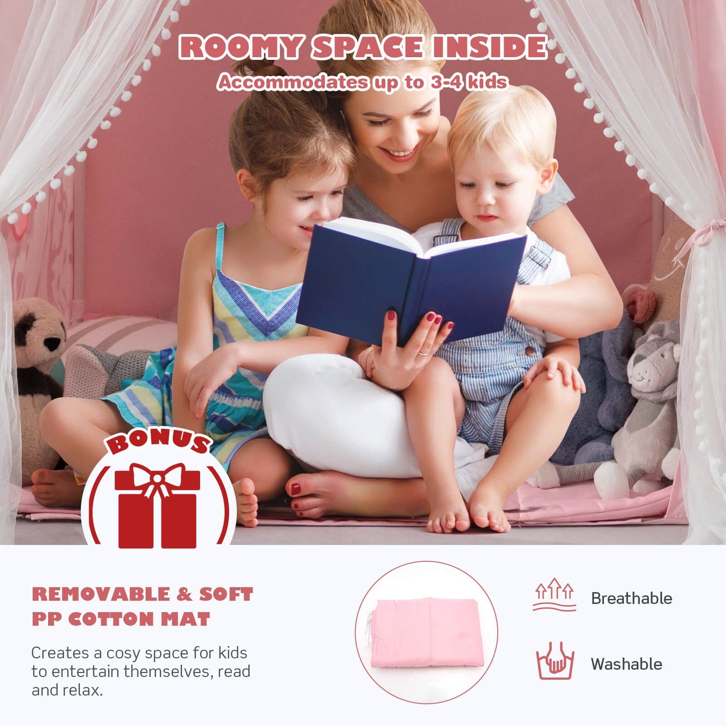 Tienda Grande para Niños con Alfombra de Algodón Desmontable - Rosa