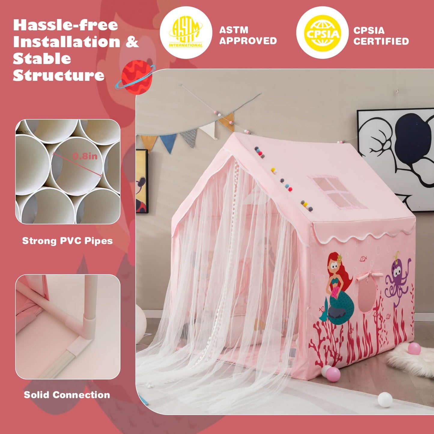 Tienda Grande para Niños con Alfombra de Algodón Desmontable - Rosa