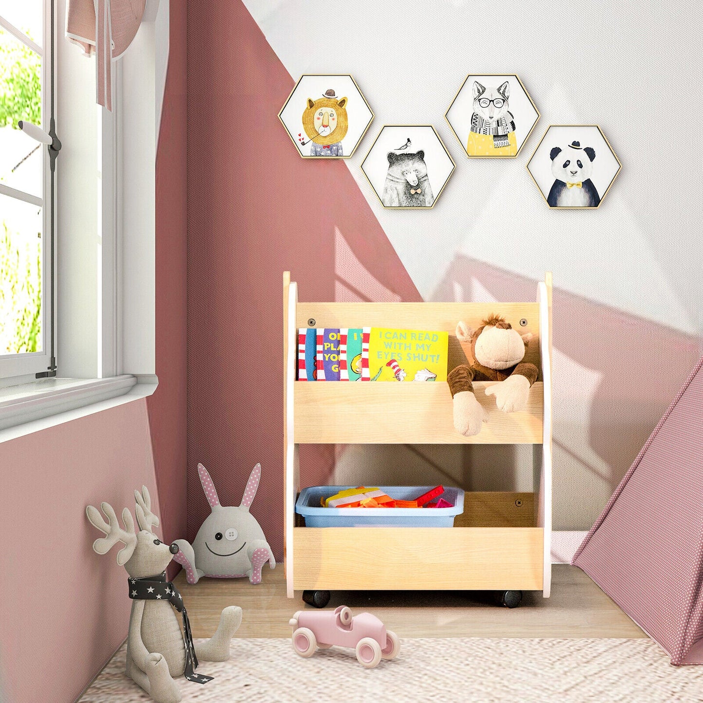 Kids Wooden Bookshelf with Universal Wheels - White