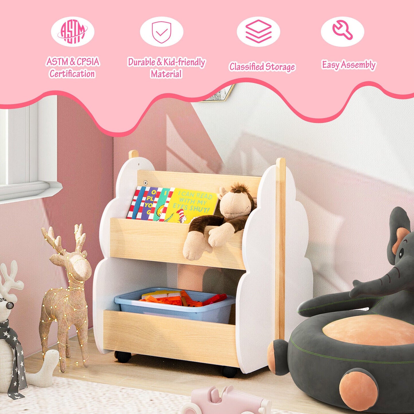 Kids Wooden Bookshelf with Universal Wheels - White