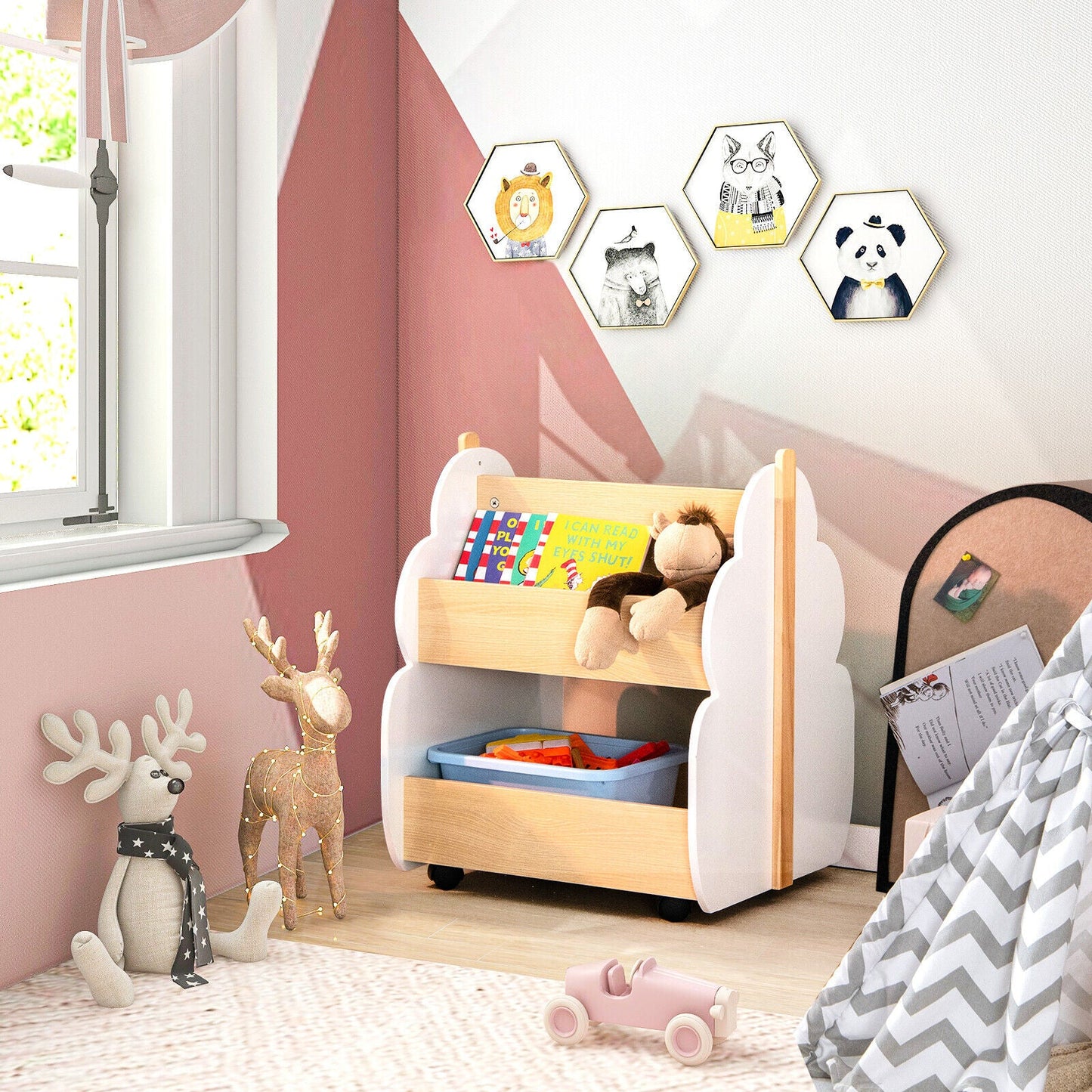 Kids Wooden Bookshelf with Universal Wheels - White