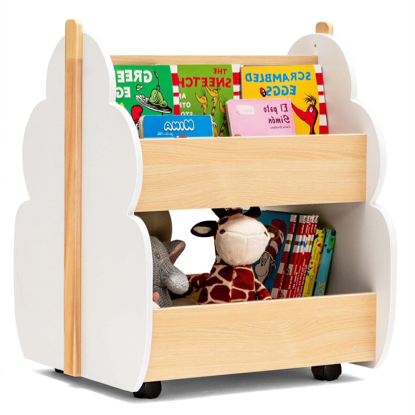 Kids Wooden Bookshelf with Universal Wheels - White