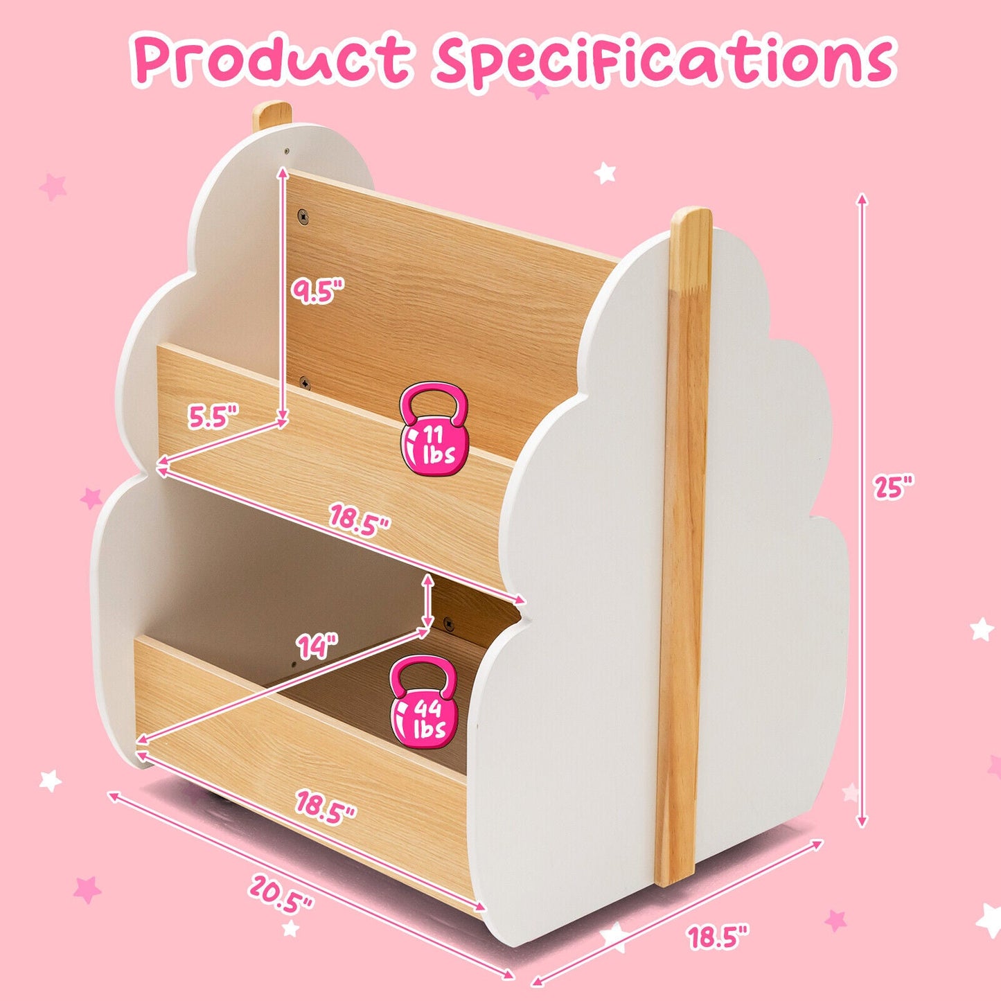 Kids Wooden Bookshelf with Universal Wheels - White