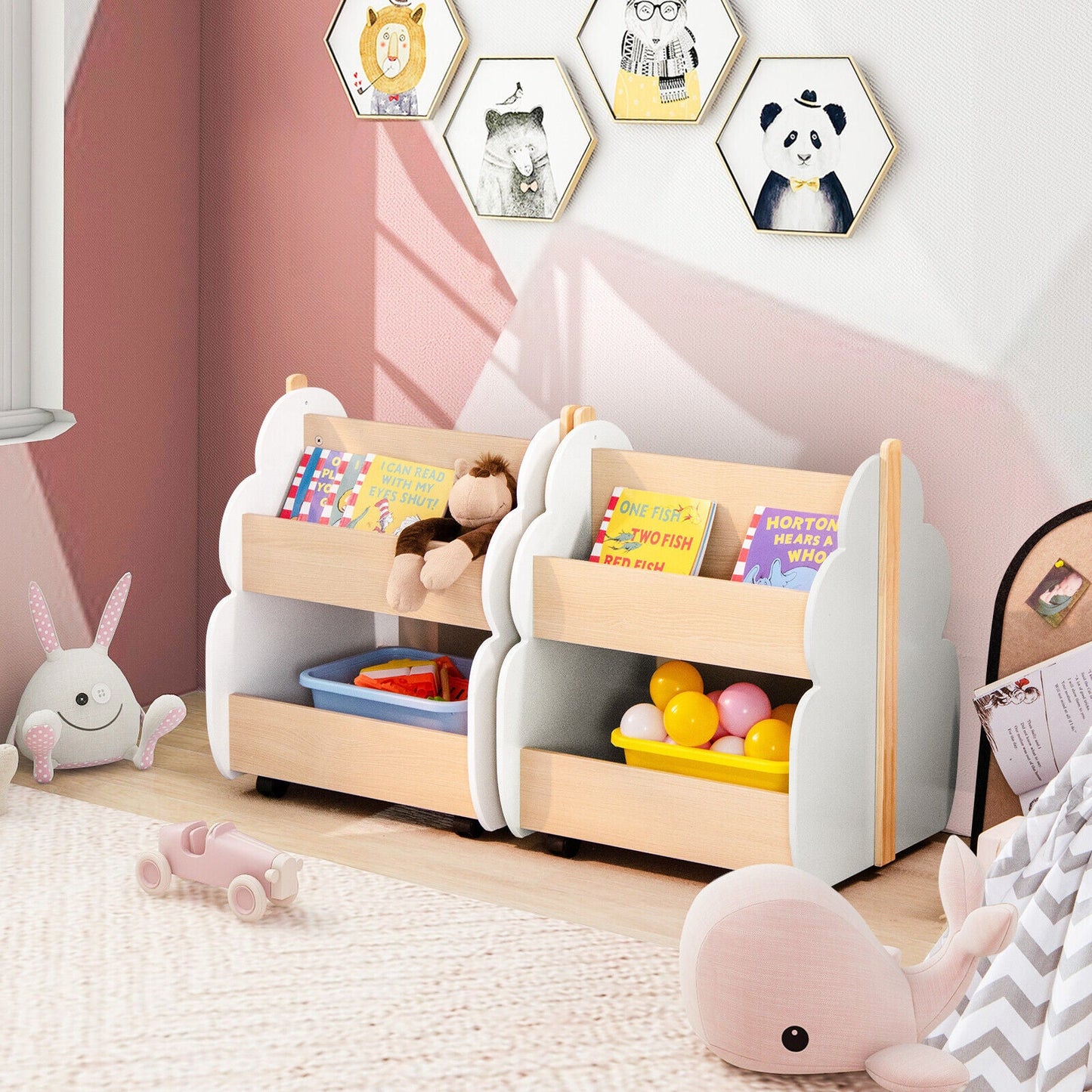 Kids Wooden Bookshelf with Universal Wheels - White