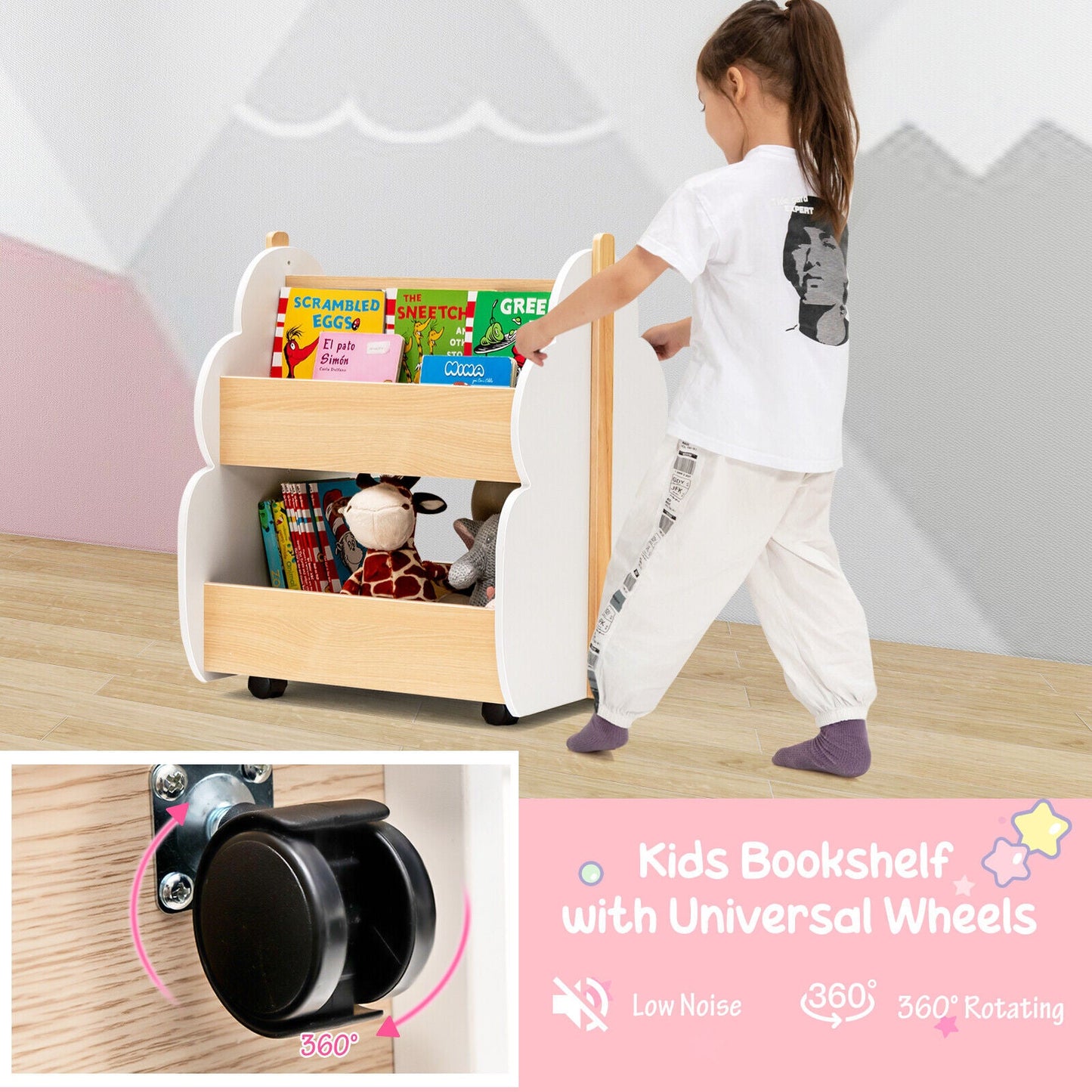 Kids Wooden Bookshelf with Universal Wheels - White