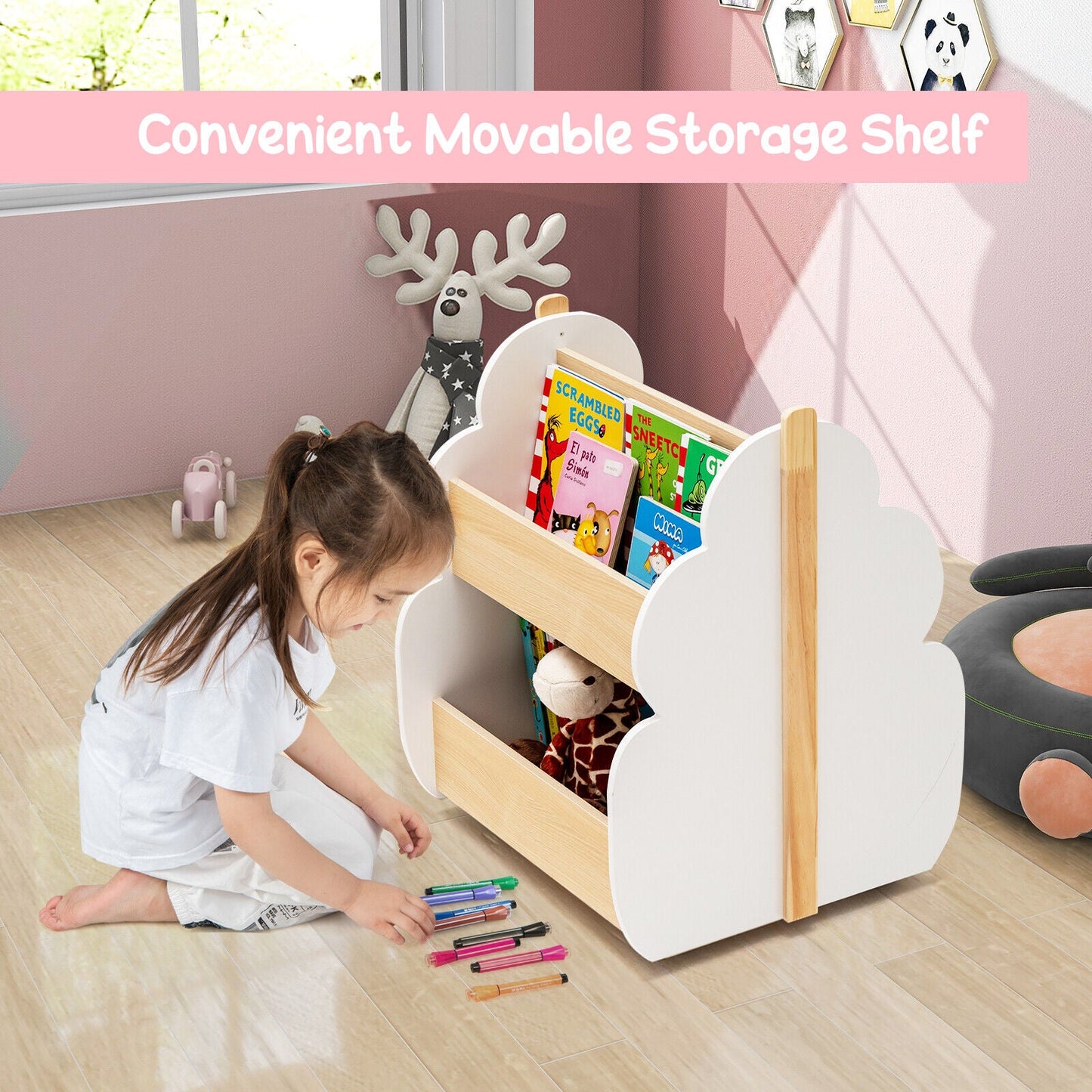 Kids Wooden Bookshelf with Universal Wheels - White