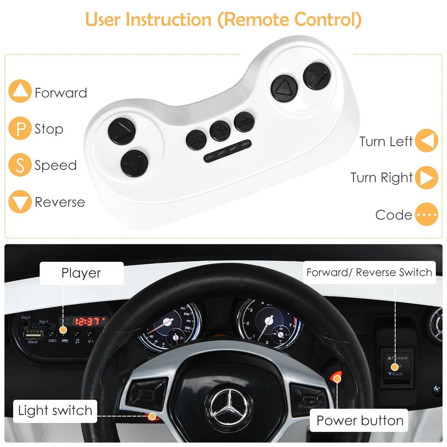 12V Electric Kids Ride On Car with Remote Control - White