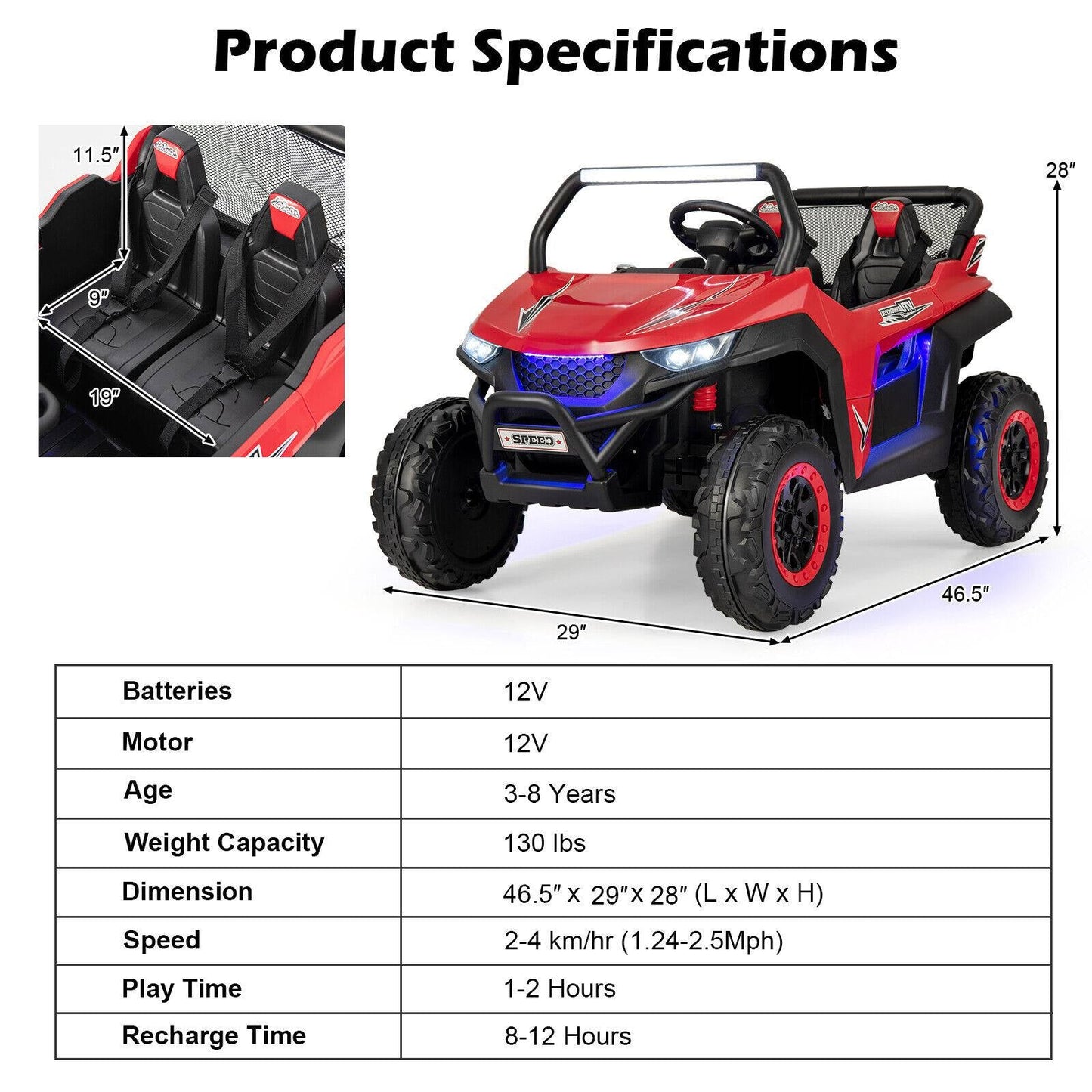 UTV para niños de 12V con función de arranque lento - Rojo