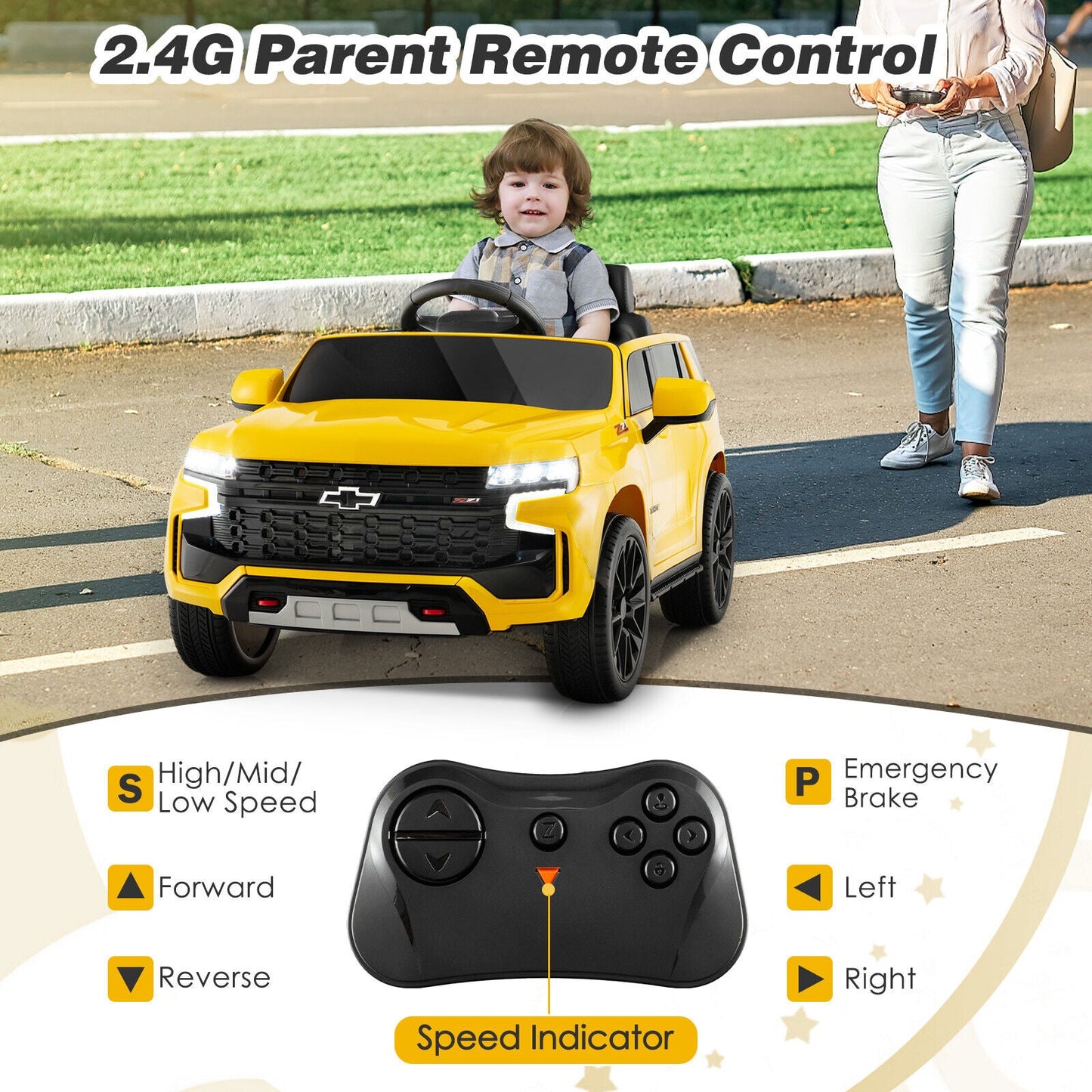 12V Kids Ride-On Car with Remote Control - Yellow