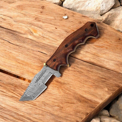 Premium Damascus Folding Pocket Knife - Rosewood Elegance - Korvel