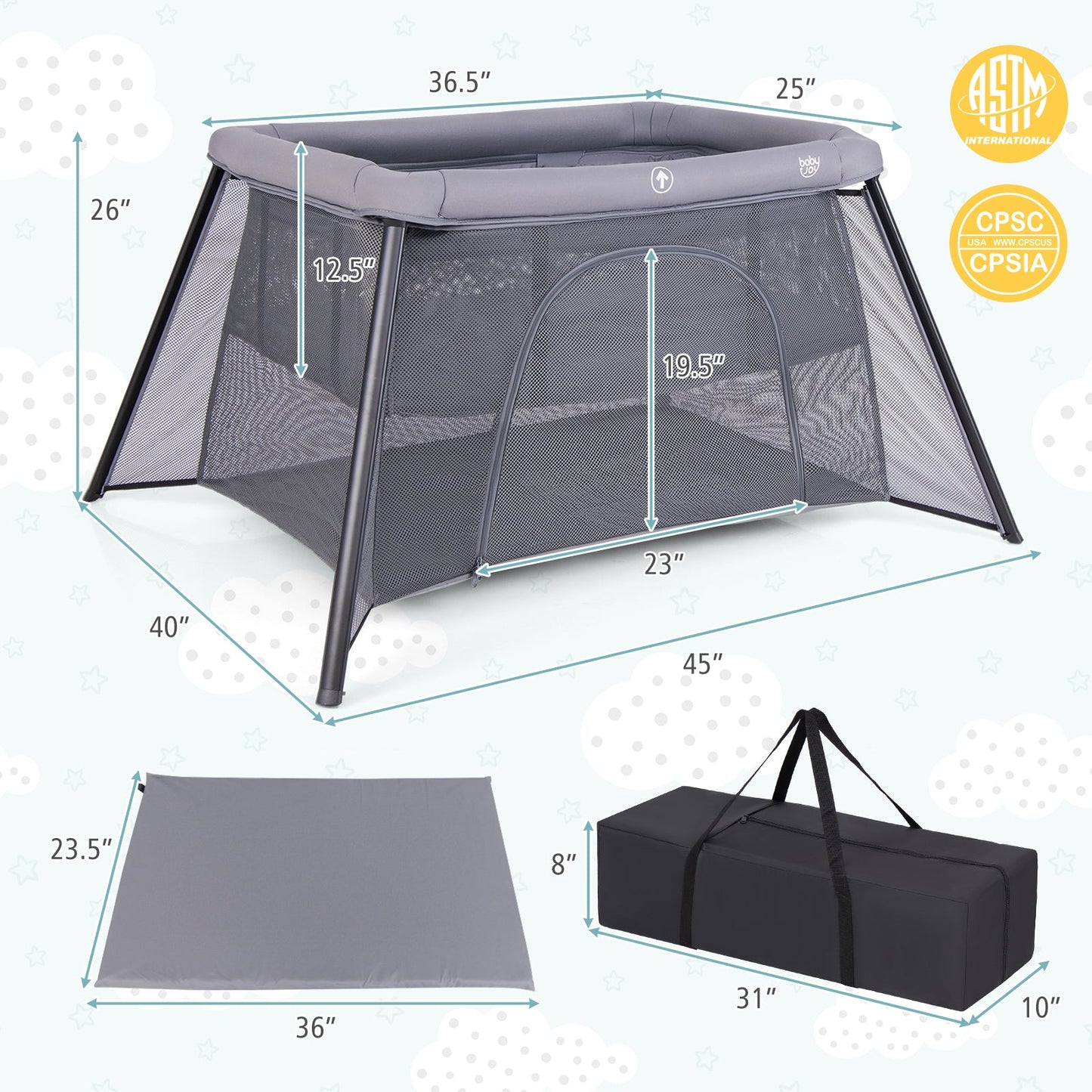 Parque Infantil Portátil 2 en 1 con Enclosure de Seguridad - Gris Oscuro