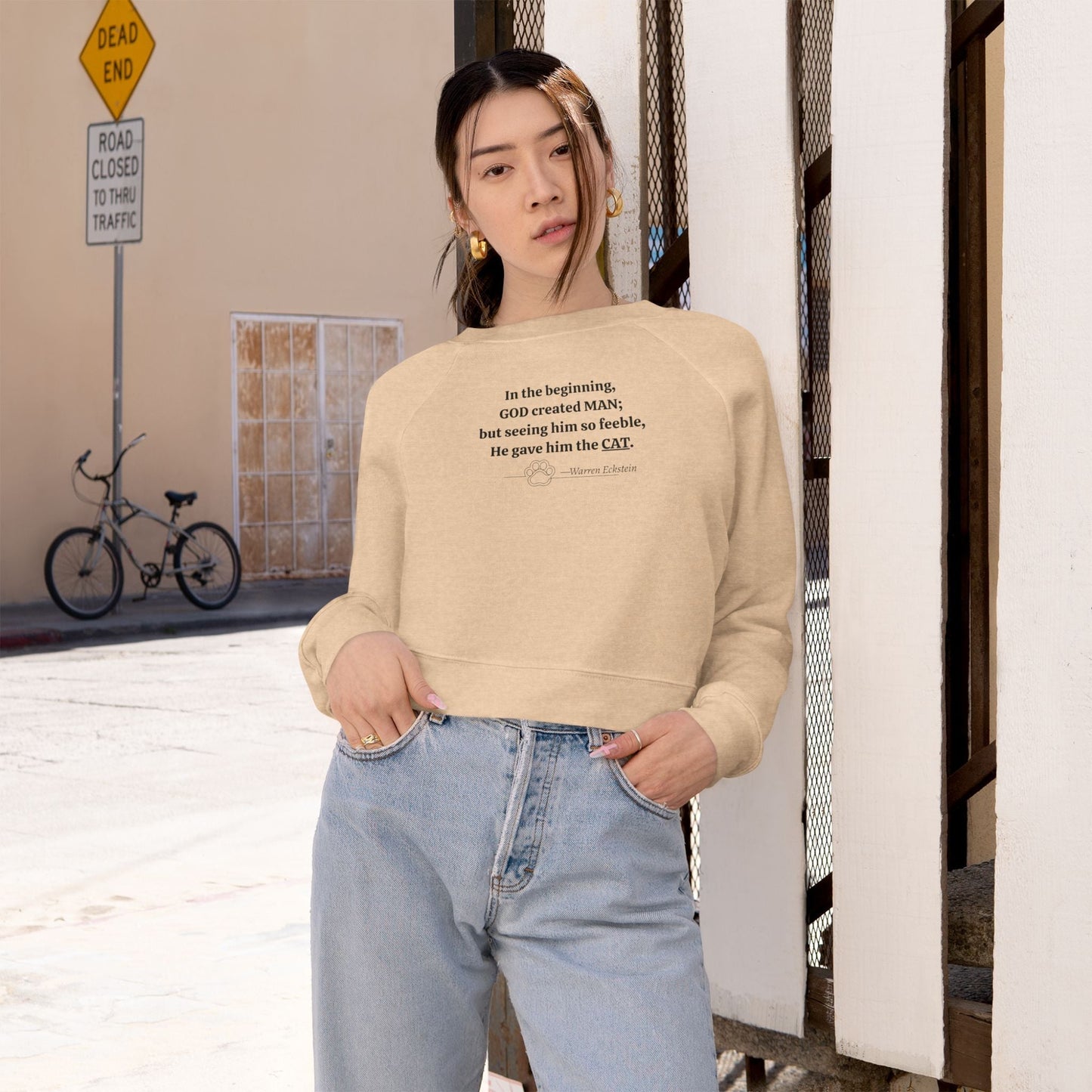 Sudadera de felpa recortada de moda 'Dios creó a los gatos'