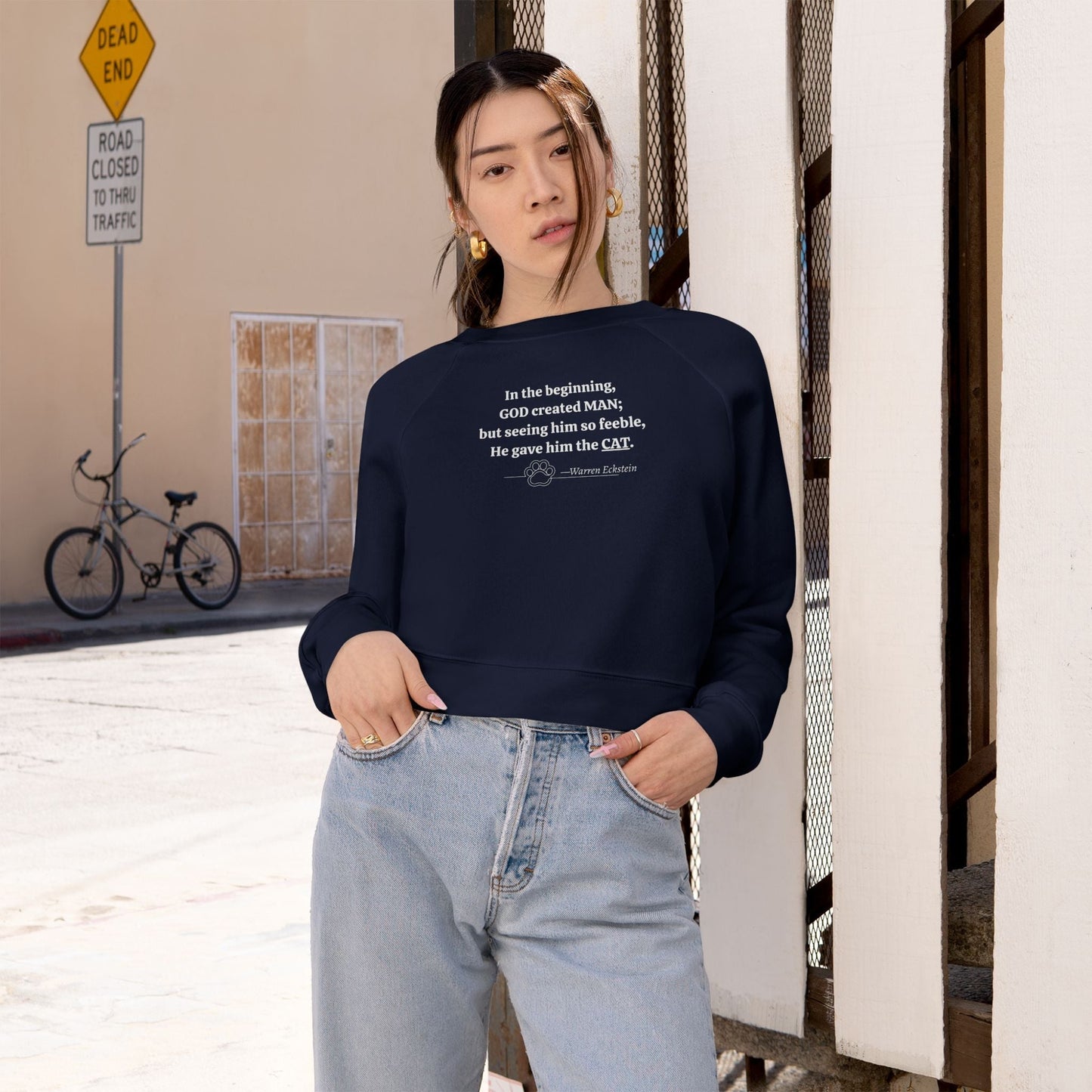 Sudadera de felpa recortada de moda 'Dios creó a los gatos'