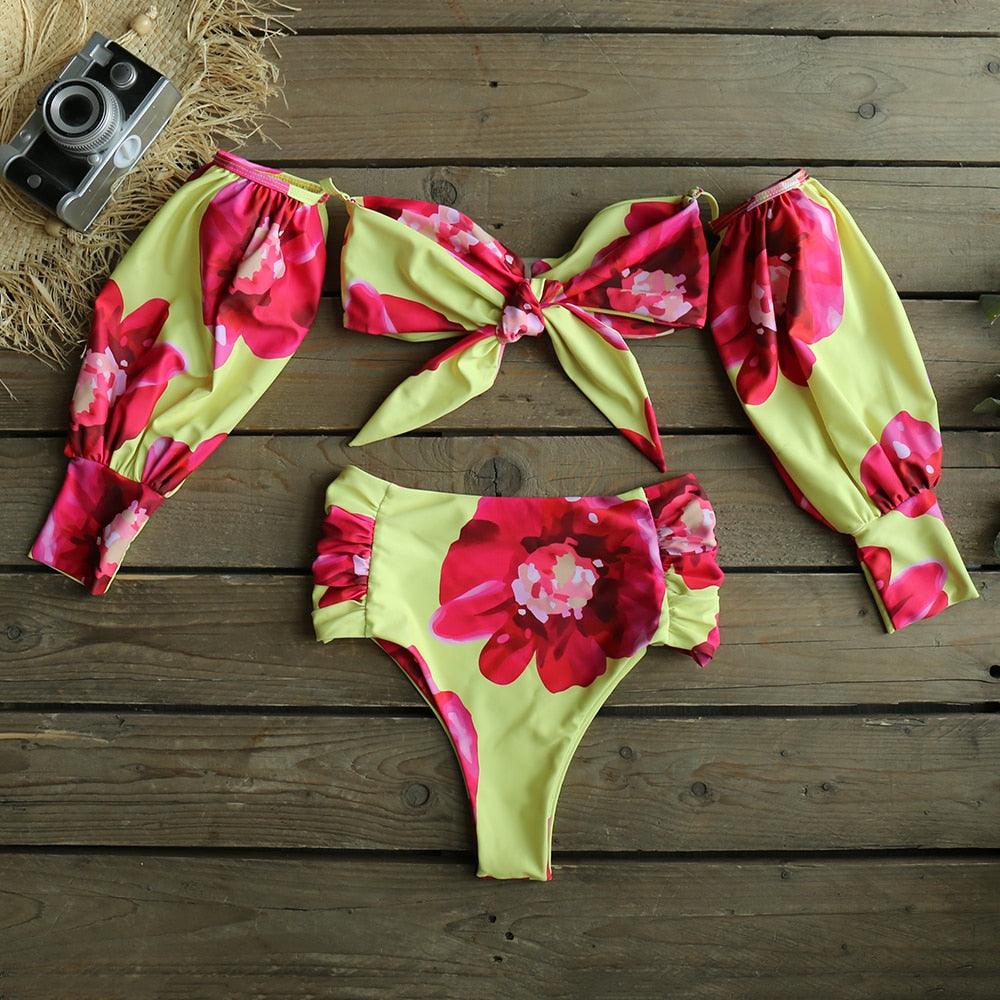 Trendy High Waist Long Sleeve Bikini Set for Women